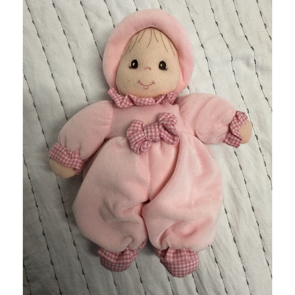 Dakin Baby First Doll Rattle Pink Gingham Check Hat Small Bow Girl Toy Plush